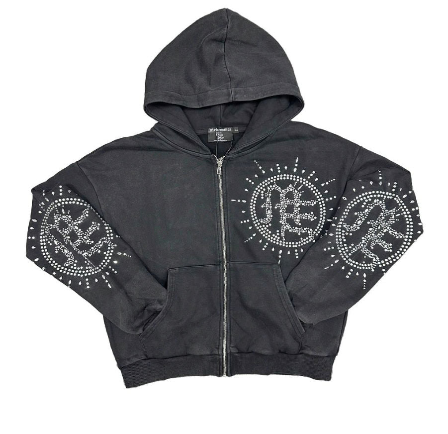 Mixed Emotion Eclipse’ Grey Acid Wash Rhinestone Hoodie