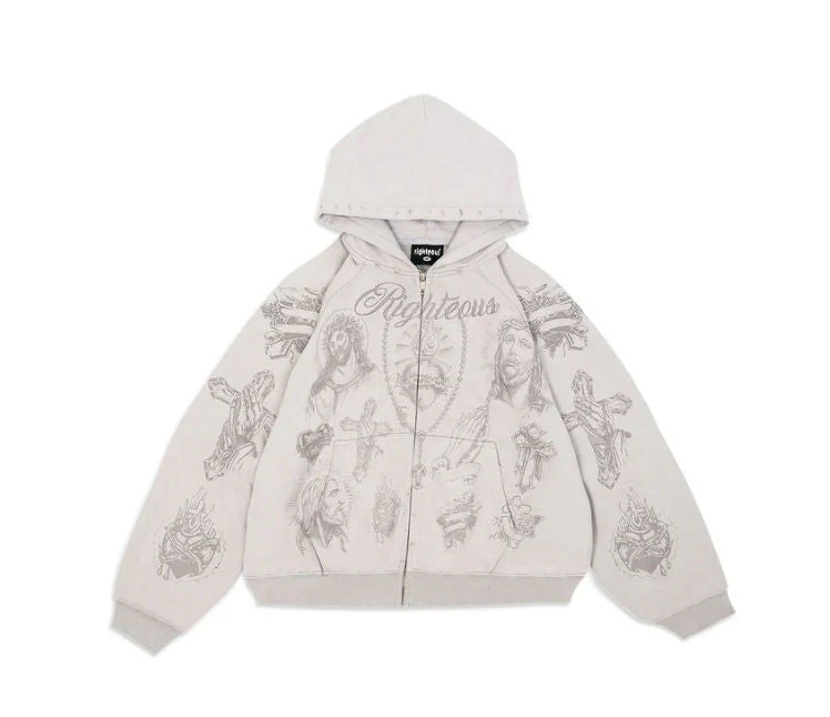 WE ARE RIGHTEOUS - TATTED BELIEVER CROPPED ZIP-UP - GREY