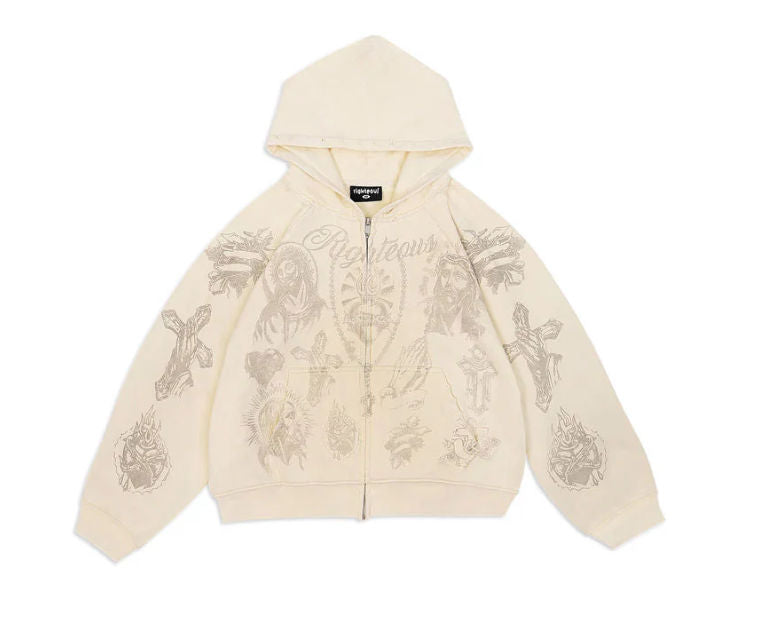 WE ARE RIGHTEOUS - TATTED BELIEVER CROPPED ZIP-UP - CREAM