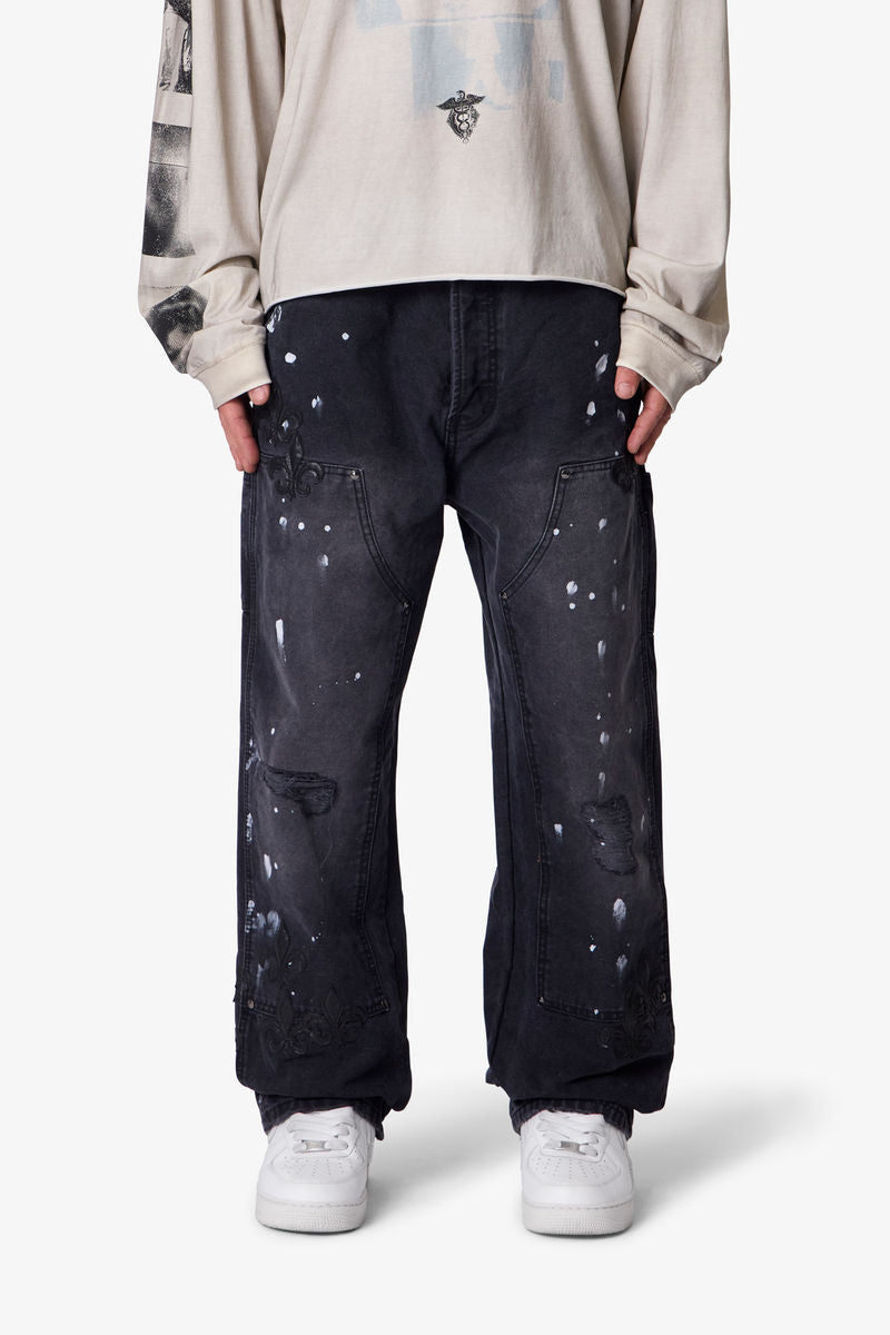 MNML Torn Fleur Double Knee Pants Washed Black