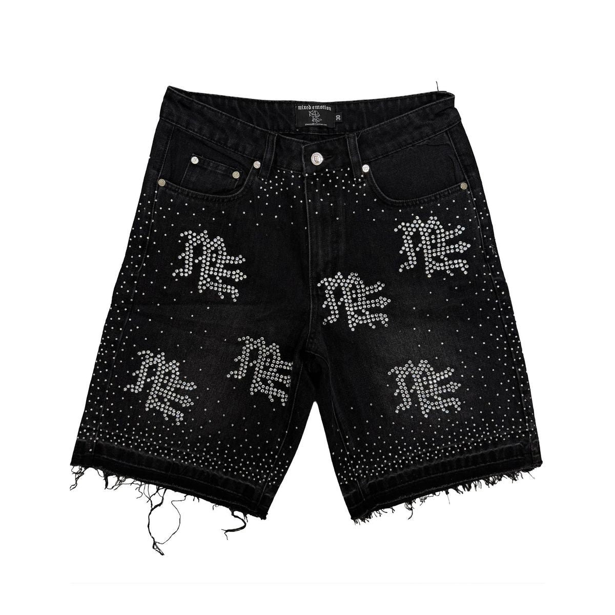 Mixed Emotion Black ME Rhinestone Denim Shorts Black