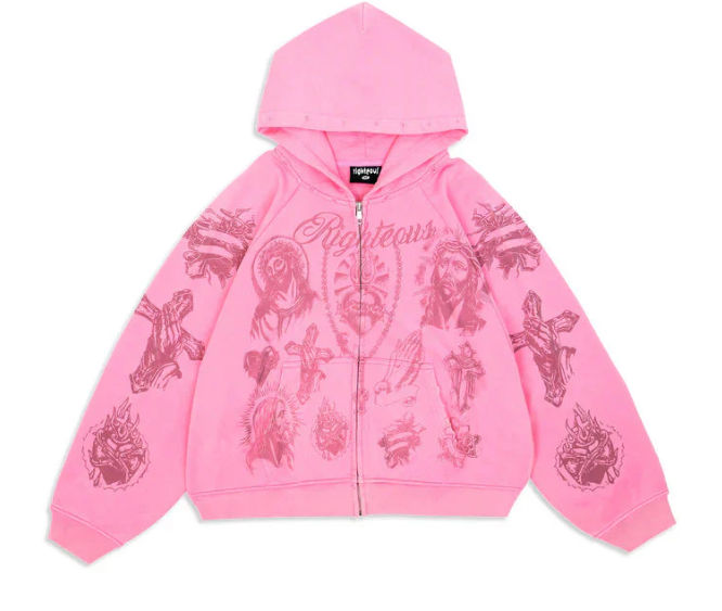 WE ARE RIGHTEOUS - TATTED BELIEVER CROPPED ZIP-UP - PINK